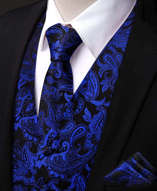 New Blue Paisley Silk Men's Vest Pocket Square Cufflinks Tie Set Waistcoat Set