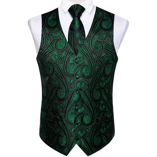 Classic Black Green Floral Jacquard Silk Men's Vest Pocket Square Cufflinks Tie Set Waistcoat Set