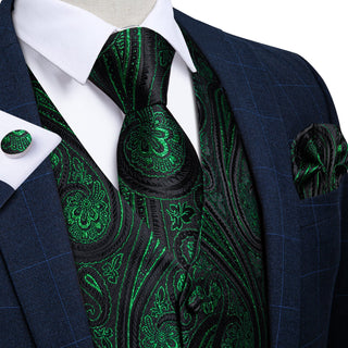 Classic Black Green Floral Jacquard Silk Men's Vest Pocket Square Cufflinks Tie Set Waistcoat Set