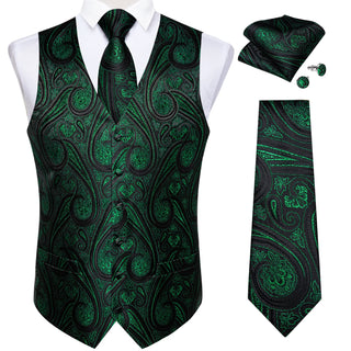 Classic Black Green Floral Jacquard Silk Men's Vest Pocket Square Cufflinks Tie Set Waistcoat Set