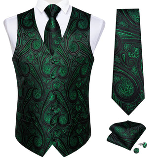 Classic Black Green Floral Jacquard Silk Men's Vest Pocket Square Cufflinks Tie Set Waistcoat Set