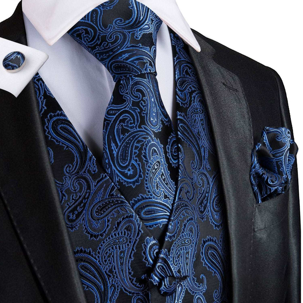 Blue Black Paisley Jacquard Silk Vest Pocket Square Cufflinks Tie Set ...
