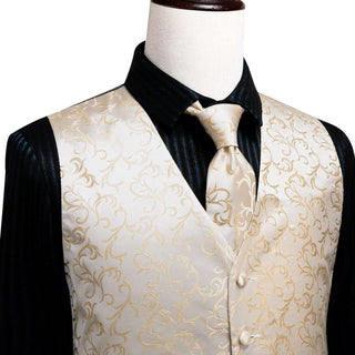 Champagne Golden Floral Silk Men's Vest Pocket Square Cufflinks Tie Set Waistcoat Suit Set