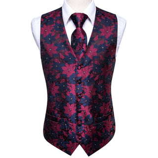 Burgundy Blue Floral Men's Vest Tie Pocket Square Cufflinks Set Waistcoat Suit Set