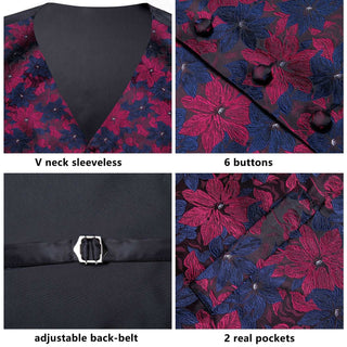 Burgundy Blue Floral Men's Vest Tie Pocket Square Cufflinks Set Waistcoat Suit Set