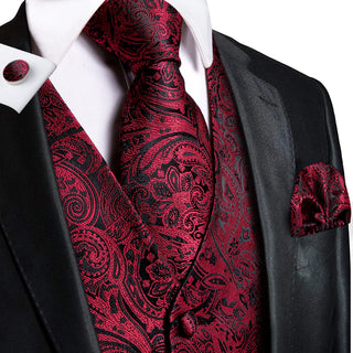 Red Black Paisley Silk Men's Vest Pocket Square Cufflinks Tie Set Waistcoat Suit Set