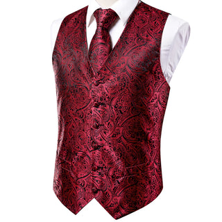 Red Black Paisley Silk Men's Vest Pocket Square Cufflinks Tie Set Waistcoat Suit Set