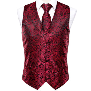 Red Black Paisley Silk Men's Vest Pocket Square Cufflinks Tie Set Waistcoat Suit Set