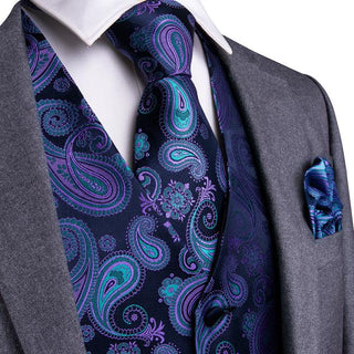 Blue Purple Paisley Silk Men's Vest Pocket Square Cufflinks Tie Set Waistcoat Set