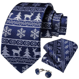 Blue Snowflake Elk Christmas Silk Necktie Pocket Square Cufflinks Set