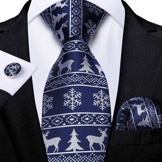 Blue Snowflake Elk Christmas Silk Necktie Pocket Square Cufflinks Set