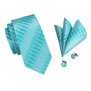 Blue Jacquard Stripe Silk Men's Necktie Pocket Square Cufflinks Set