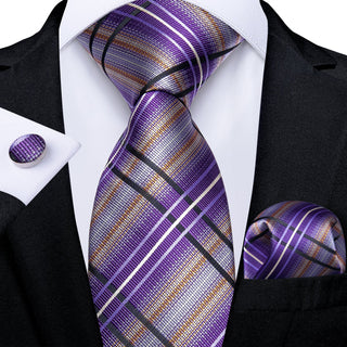 Purple Black Striped Silk Necktie Pocket Square Cufflinks Set