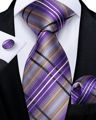 Purple Black Striped Silk Necktie Pocket Square Cufflinks Set