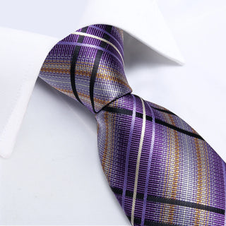 Purple Black Striped Silk Necktie Pocket Square Cufflinks Set