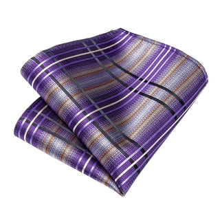Purple Black Striped Silk Necktie Pocket Square Cufflinks Set