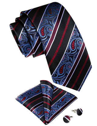 Black Red Blue Striped Paisley Silk Necktie Pocket Square Cufflinks Set