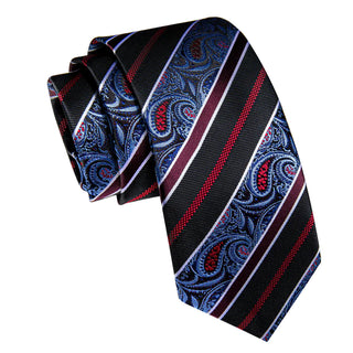 Black Red Blue Striped Paisley Silk Necktie Pocket Square Cufflinks Set