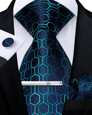Blue Lattice Silk Necktie Pocket Square Cufflinks Set