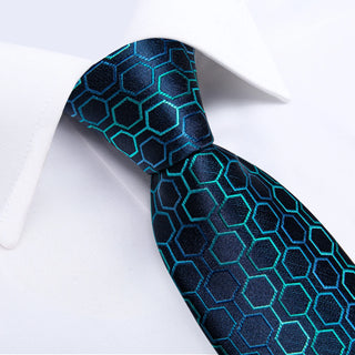Blue Lattice Silk Necktie Pocket Square Cufflinks Set