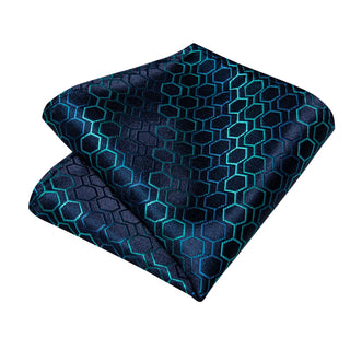 Blue Lattice Silk Necktie Pocket Square Cufflinks Set