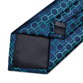 Blue Lattice Silk Necktie Pocket Square Cufflinks Set
