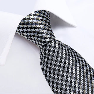 Black Silver Plaid Silk Necktie Pocket Square Cufflinks Set