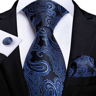 Blue Black Paisley Silk Necktie Pocket Square Cufflinks Set