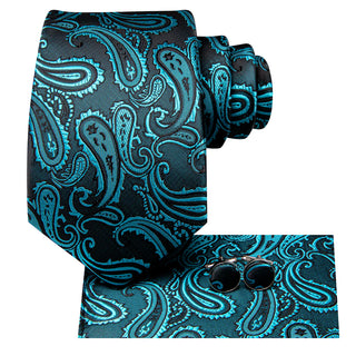 Teal Blue Paisley Silk Necktie Pocket Square Cufflinks Set