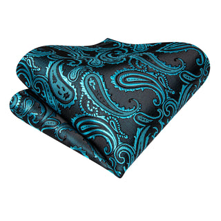 Teal Blue Paisley Silk Necktie Pocket Square Cufflinks Set