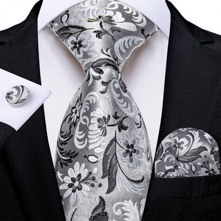 Silver White Black Floral Silk Necktie Pocket Square Cufflinks Set