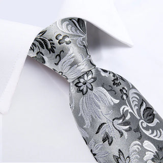 Silver White Black Floral Silk Necktie Pocket Square Cufflinks Set