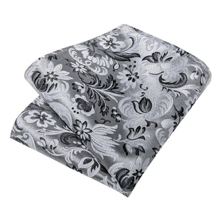 Silver White Black Floral Silk Necktie Pocket Square Cufflinks Set