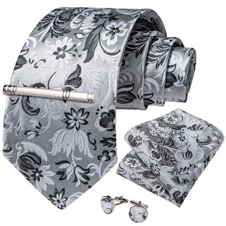 Silver White Black Floral Silk Necktie Pocket Square Cufflinks Set