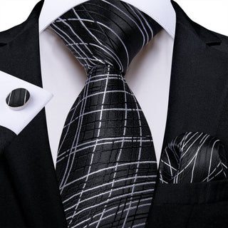 New Black White Striped Silk Necktie Pocket Square Cufflinks Set