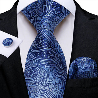 Blue Paisley Silk Men's Necktie Pocket Square Cufflinks Set