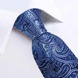 Blue Paisley Silk Men's Necktie Pocket Square Cufflinks Set