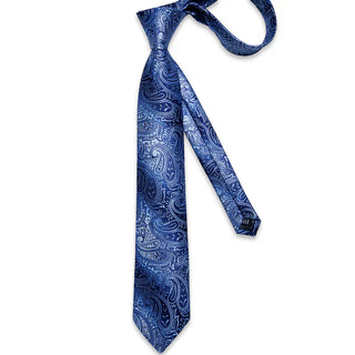 Blue Paisley Silk Men's Necktie Pocket Square Cufflinks Set