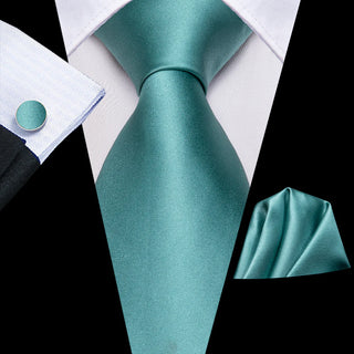 Teal Green Solid Silk Necktie Pocket Square Cufflinks Set