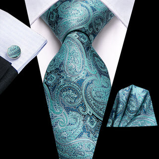 Turquoise Blue Paisley Silk Necktie Pocket Square Cufflinks Set