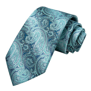 Turquoise Blue Paisley Silk Necktie Pocket Square Cufflinks Set