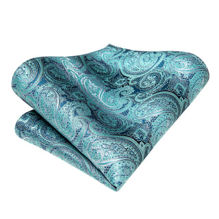 Turquoise Blue Paisley Silk Necktie Pocket Square Cufflinks Set