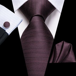 Solid Red Brown Silk Necktie Pocket Square Cufflinks Set