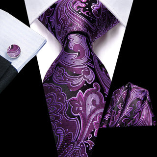 Purple Black Paisley Silk Necktie Pocket Square Cufflinks Set