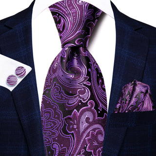 Purple Black Paisley Silk Necktie Pocket Square Cufflinks Set