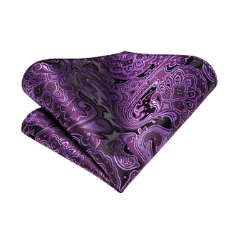 Purple Black Paisley Silk Necktie Pocket Square Cufflinks Set