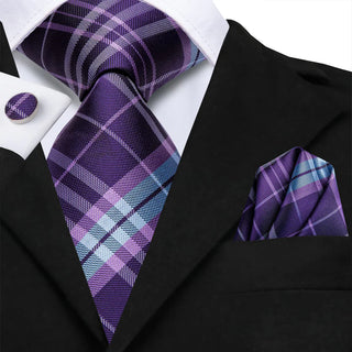 Purple Sky Blue Striped Silk Necktie Pocket Square Cufflinks Set