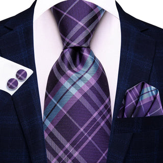 Purple Sky Blue Striped Silk Necktie Pocket Square Cufflinks Set