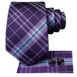 Purple Sky Blue Striped Silk Necktie Pocket Square Cufflinks Set