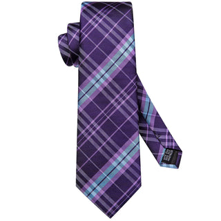 Purple Sky Blue Striped Silk Necktie Pocket Square Cufflinks Set